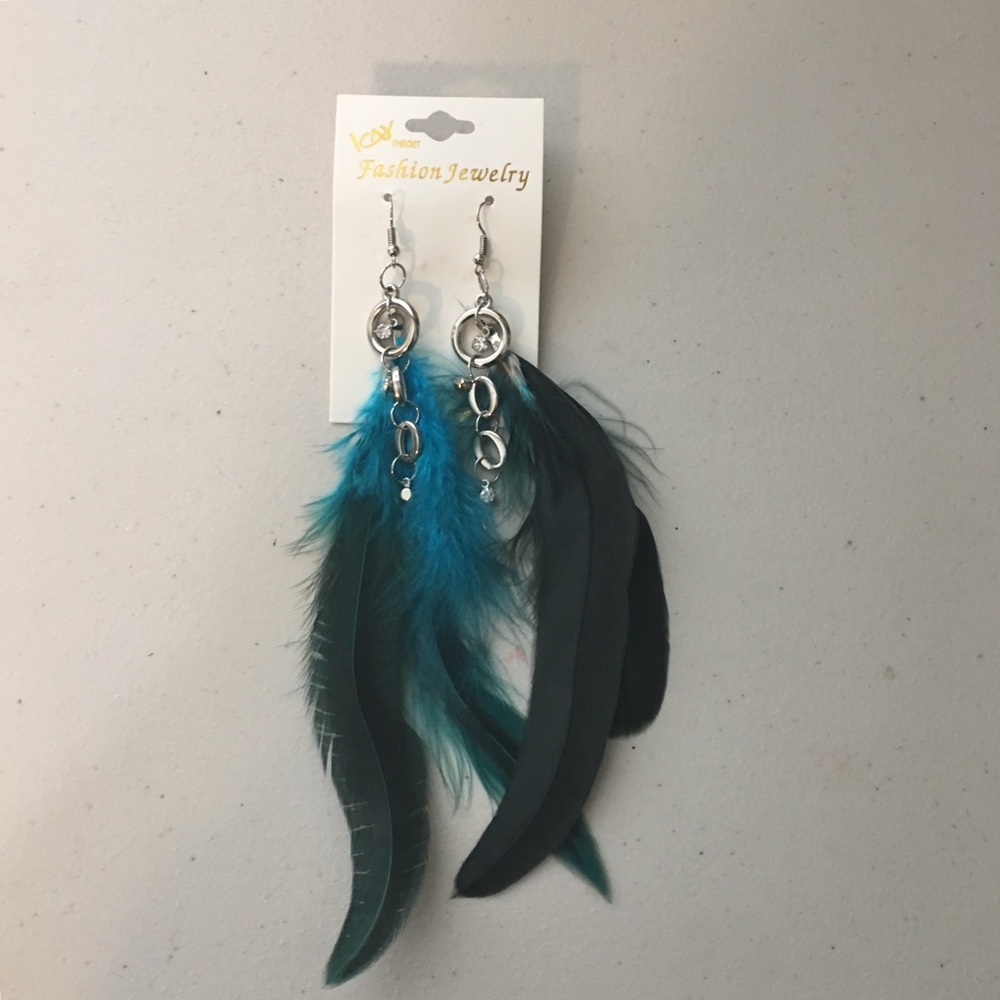 NWT teal blue Feather fashion jewelry earrings!